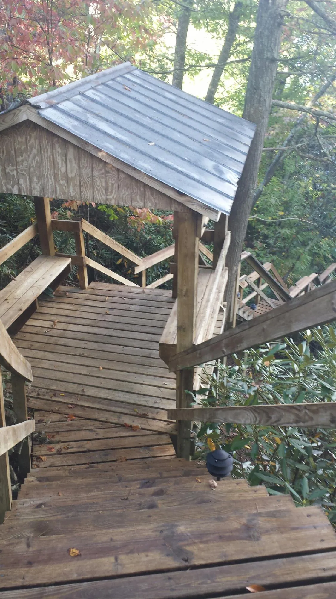 Metal roofed shelter over wooden steps on a wooded walkway — Skylight Repair & Installation work by our crew in Erin
